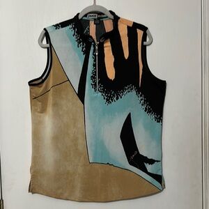 Jamie Sadock Blue and Tan Graphic Sleeveless Top with Mandarin Collar